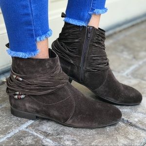 Rich Tobacco Suede Boho Wrap Straps Beads Booties